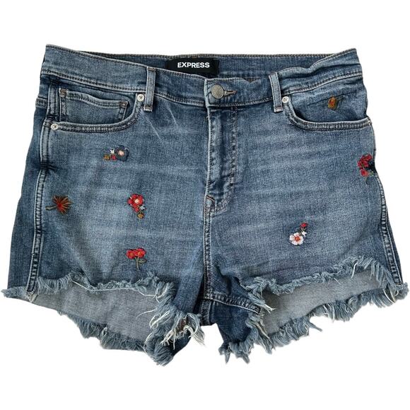 Adorable Express High Waist Embroidered Flowers Stretch Denim Jean Shorts Sz 12 - Picture 1 of 8